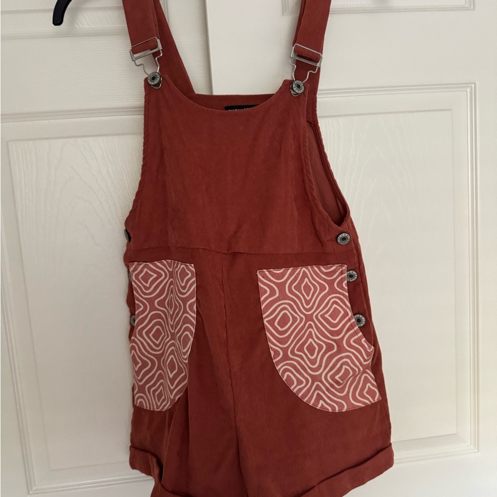 SHEIN Rust Corduroy Romper with Patterned Pockets